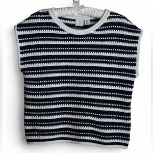 Joie Short sleeve navy and White sequin Striped Sweater